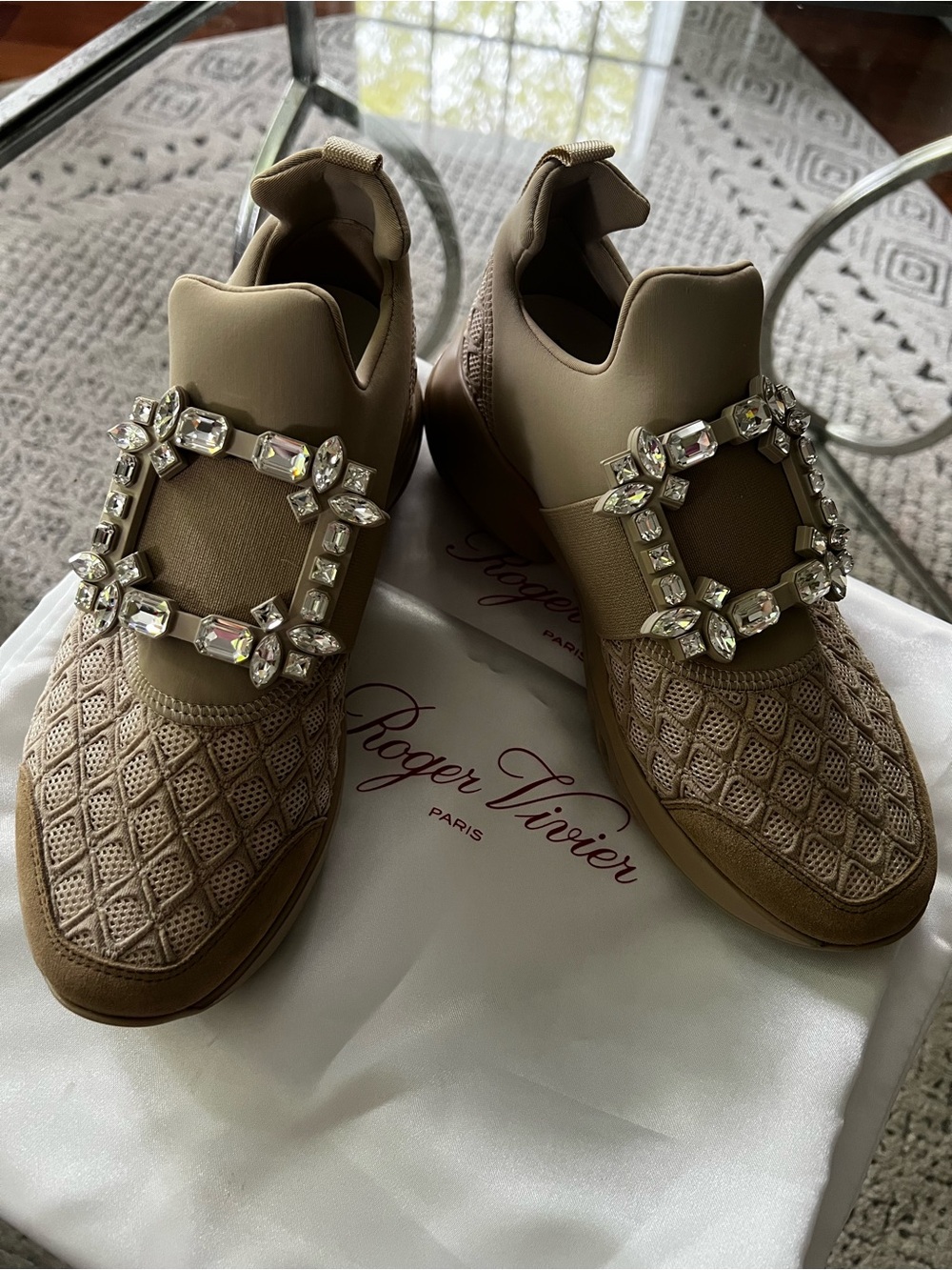New Roger Vivier Viv Beige Run Sneakers in fabric size 37